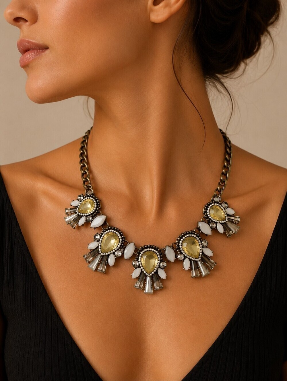 VTG 1980s Antique Brass Floral Gem Festival Bib Necklace